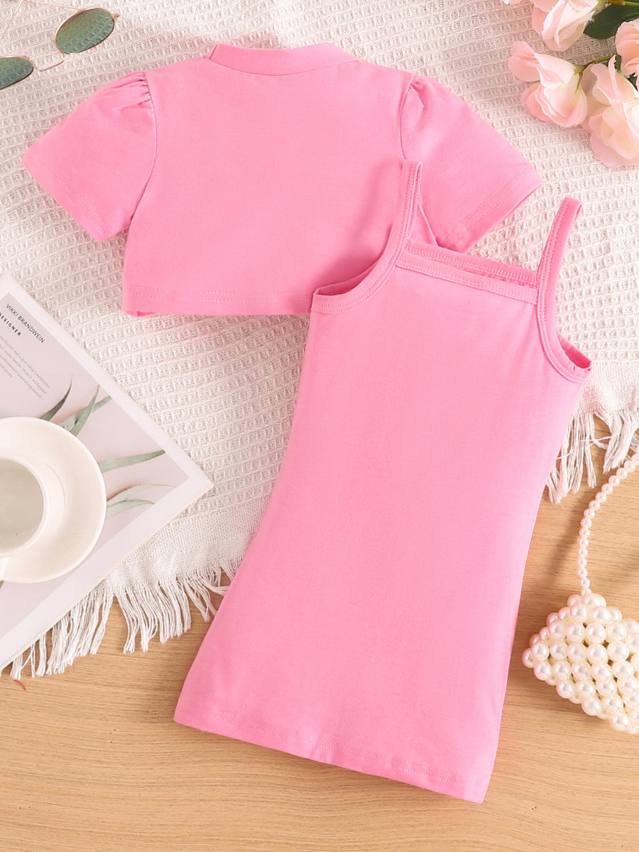 Pink toddler crop top with puff sleeves and matching tank dress set.
