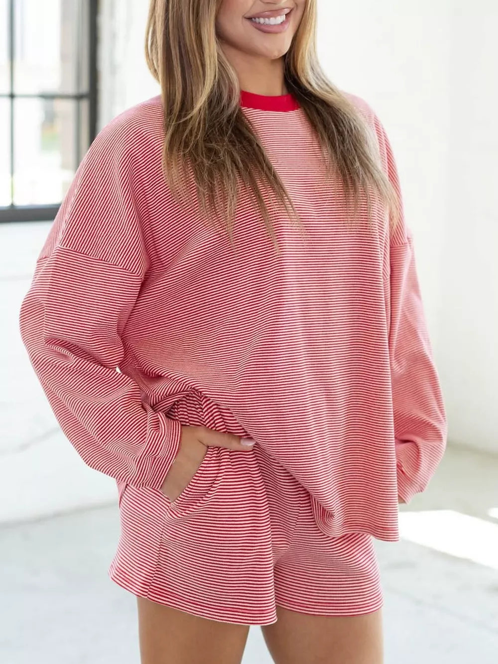 red pajama set with striped and crew neck