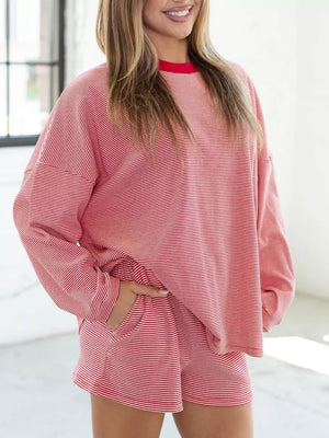 red pajama set with striped and crew neck