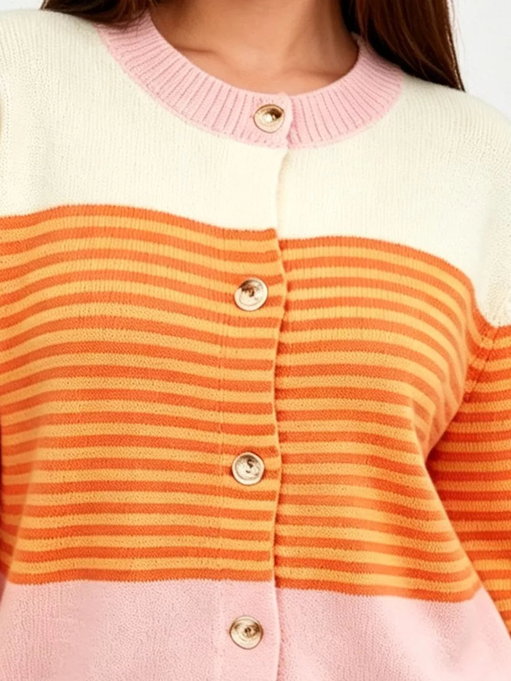 orange cardigan featuring buttoned and color-block