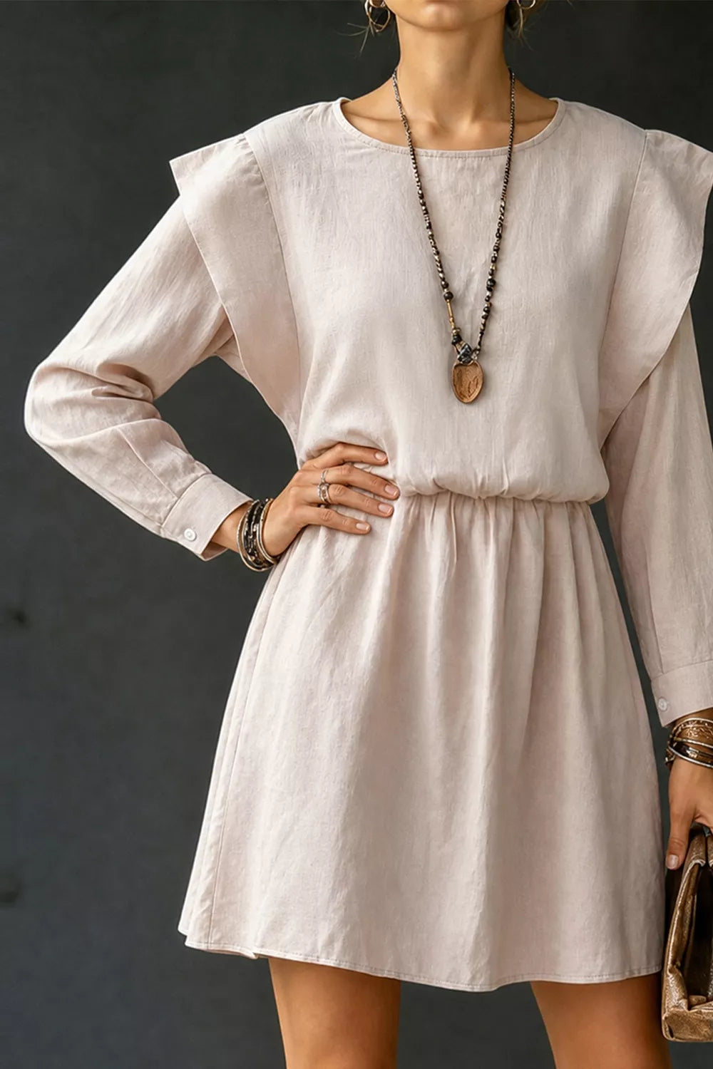 Ruffled Round Neck Long Sleeve Dress option 5