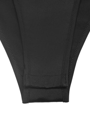 Black lace trim one shoulder bodysuit detail showing snap closure and high-cut leg.