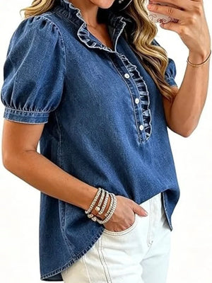 Frill Puff Sleeve Denim Top in Black with buttoned