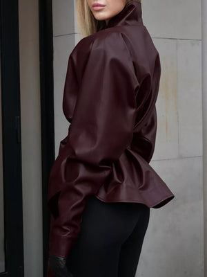 Wine Red with Stand Collar Belted Faux Leather Jacket in Wine Red