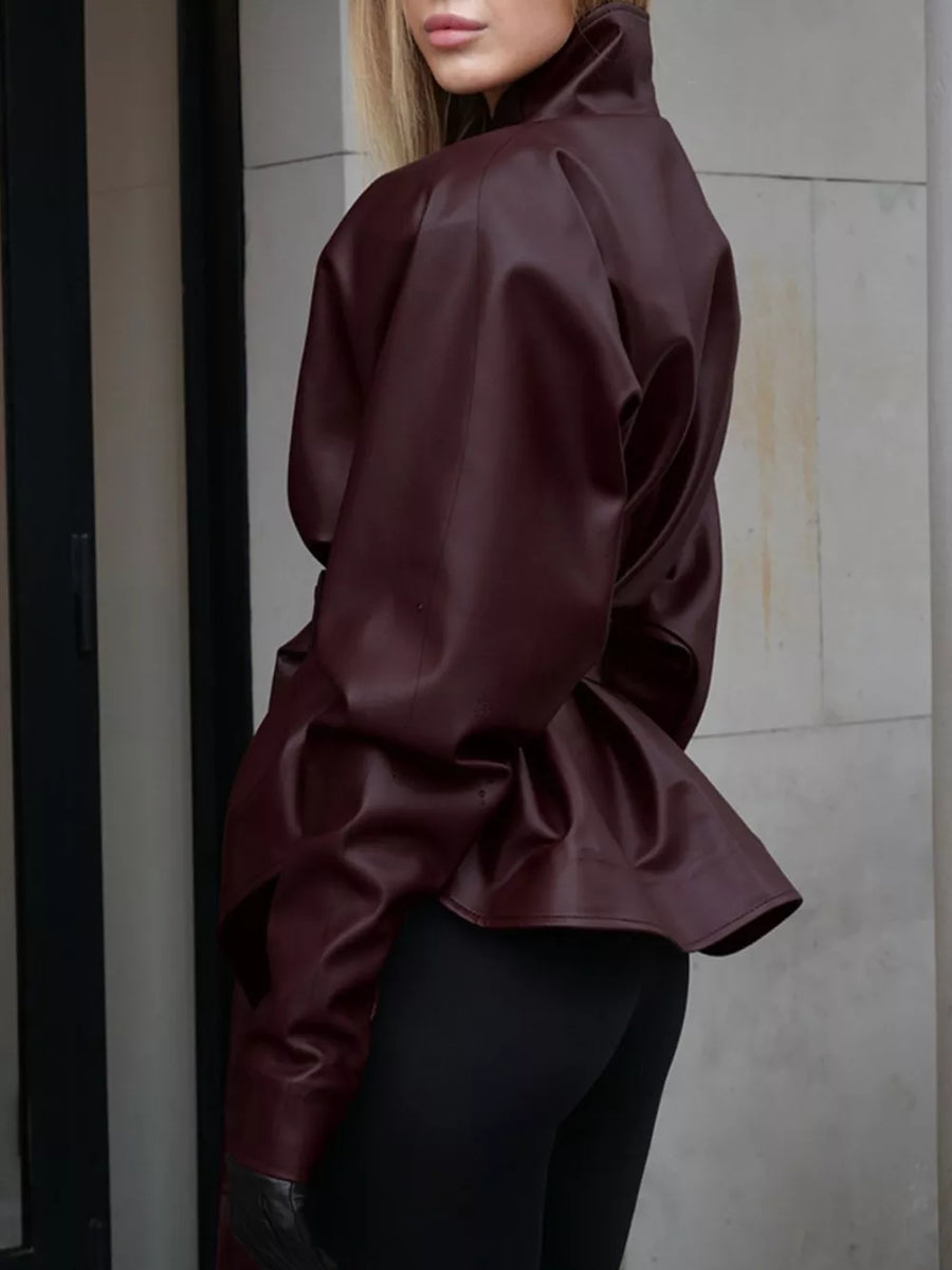Wine Red with Stand Collar Belted Faux Leather Jacket in Wine Red