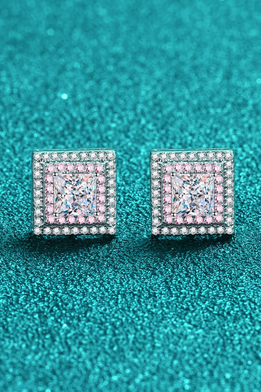 Prismatic square stud earrings with pink halo and white accents on 925 sterling silver.