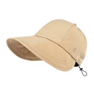 Khaki bucket hat with adjustable drawstring and subtle logo detail.