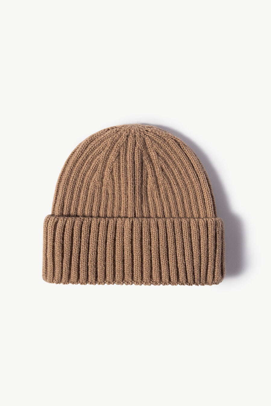 Chunky ribbed knit beanie in brown acrylic with a cuffed hem.