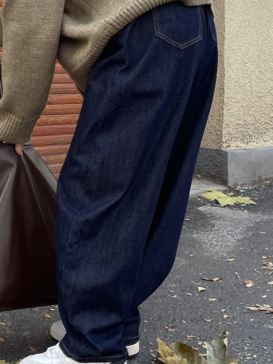 Cotton and polyester blend with less than 30% cotton wide-leg jeans in navy blue with relaxed silhouette