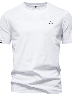 White t-shirt with embroidered crest detail on chest and striped sleeve detail