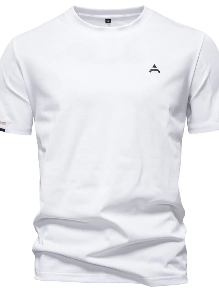 White t-shirt with embroidered crest detail on chest and striped sleeve detail