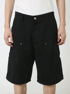 Black denim carpenter shorts with button fly and utility pockets.