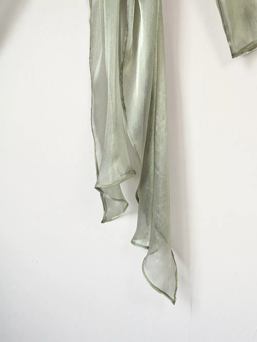 Green wrap top with sheer and long sleeve
