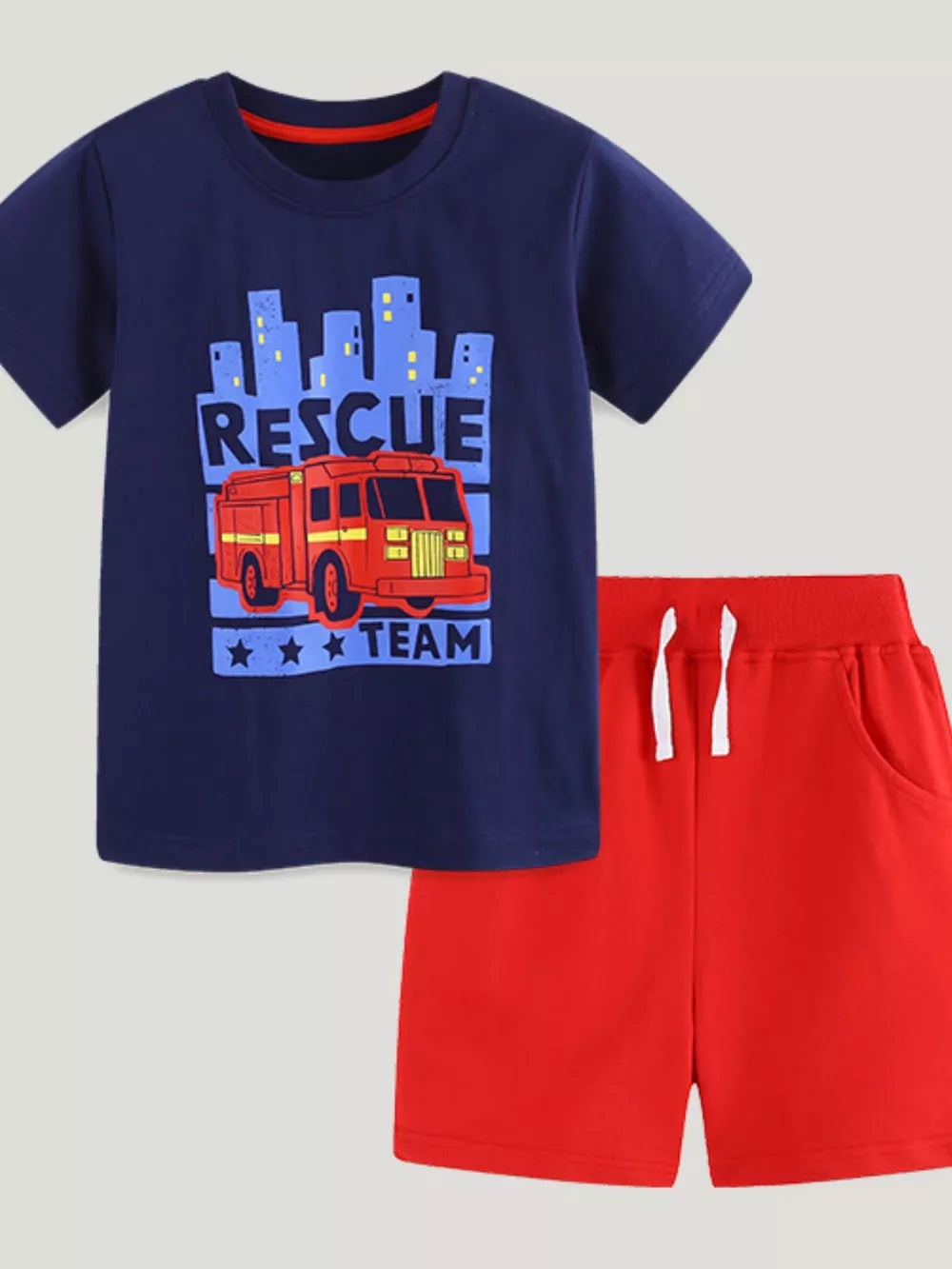 Navy Rescue Team graphic t-shirt and red shorts set, cotton blend, for toddlers.