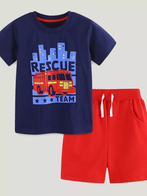 Navy Rescue Team graphic t-shirt and red shorts set, cotton blend, for toddlers.