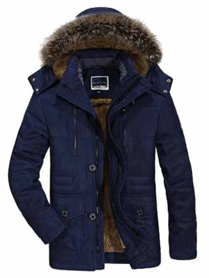 Men's navy blue faux fur hooded parka with buttoned front and fur lining.
