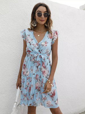 Light blue floral pleated dress with ruffle sleeves and belted waist