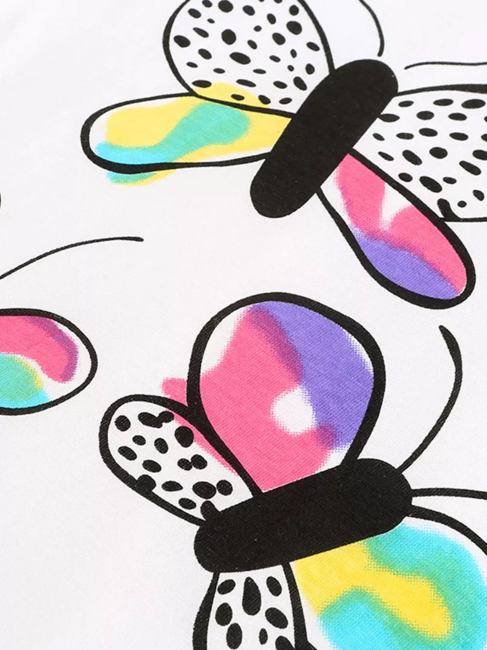 Toddler cotton one-piece with colorful tie-dye butterfly print and black polka dot wings.