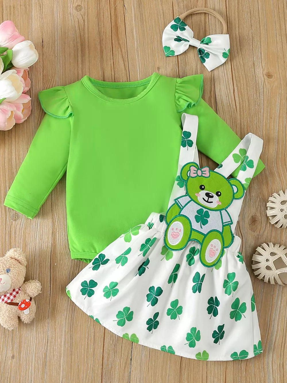 Children's Ruffled Long Sleeve Bodysuit & Dress Set in Grass Green