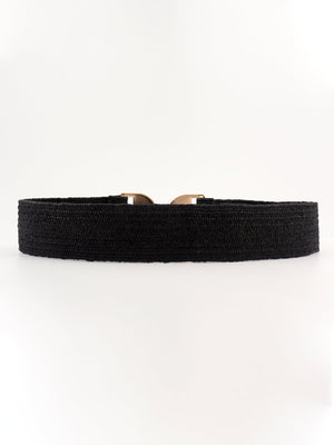 Black raffia belt with gold-tone double buckle detail
