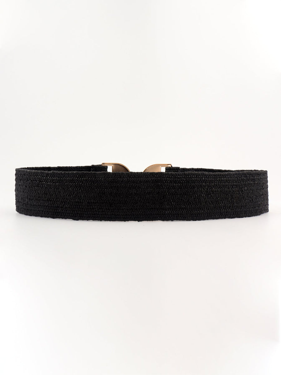 Black raffia belt with gold-tone double buckle detail