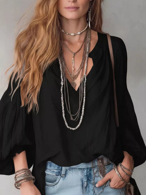 Khaki Notched Balloon Sleeve Blouse