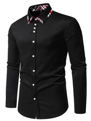 Men's black slim fit dress shirt with plaid collar detail and white buttons