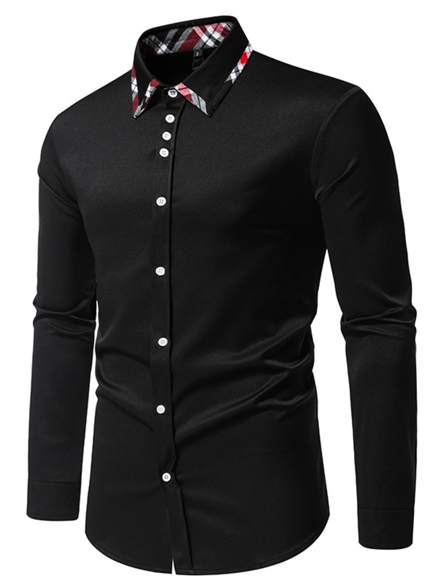 Men's black slim fit dress shirt with plaid collar detail and white buttons