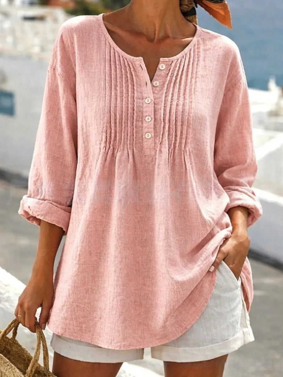 Casual Button Detail Long Sleeve Linen Shirt in Pink