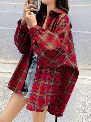 Red with Plaid Button Up Long Sleeve Shirt in Red