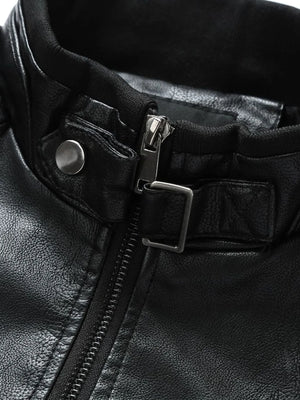 Black plus-size moto jacket with zip-up closure and snap collar detail.