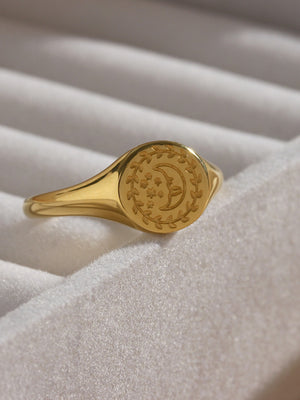 18K Gold-Plated Sun Motif Signet Ring in Style B with 18K gold-plated