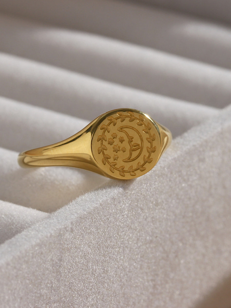 18K Gold-Plated Sun Motif Signet Ring in Style B with 18K gold-plated