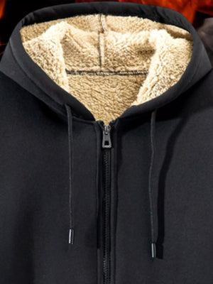 Black fleece lined zip-up hoodie with drawstring hood and zipper closure.