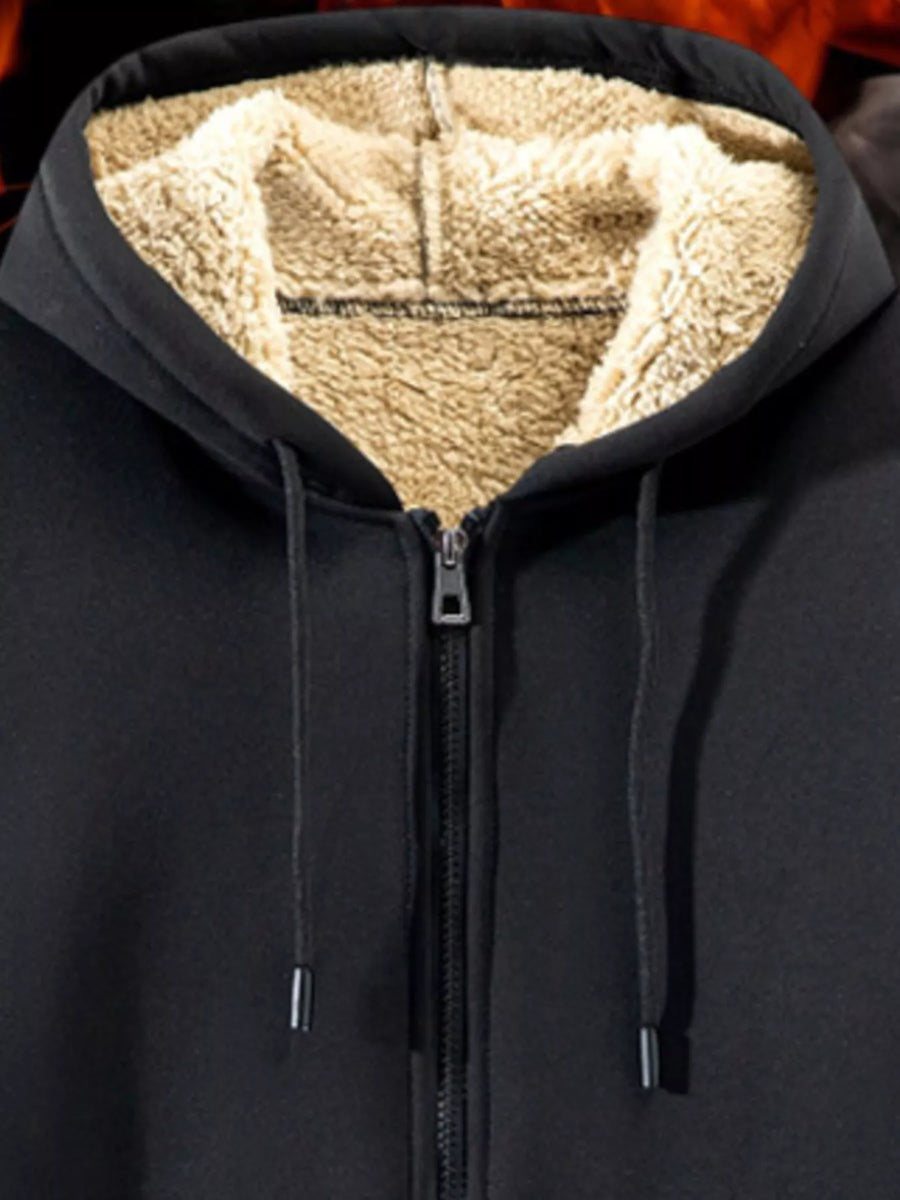 Black fleece lined zip-up hoodie with drawstring hood and zipper closure.