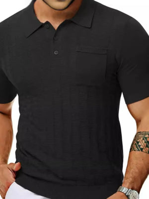 Black ribbed knit polo shirt with chest pocket and buttoned collar.