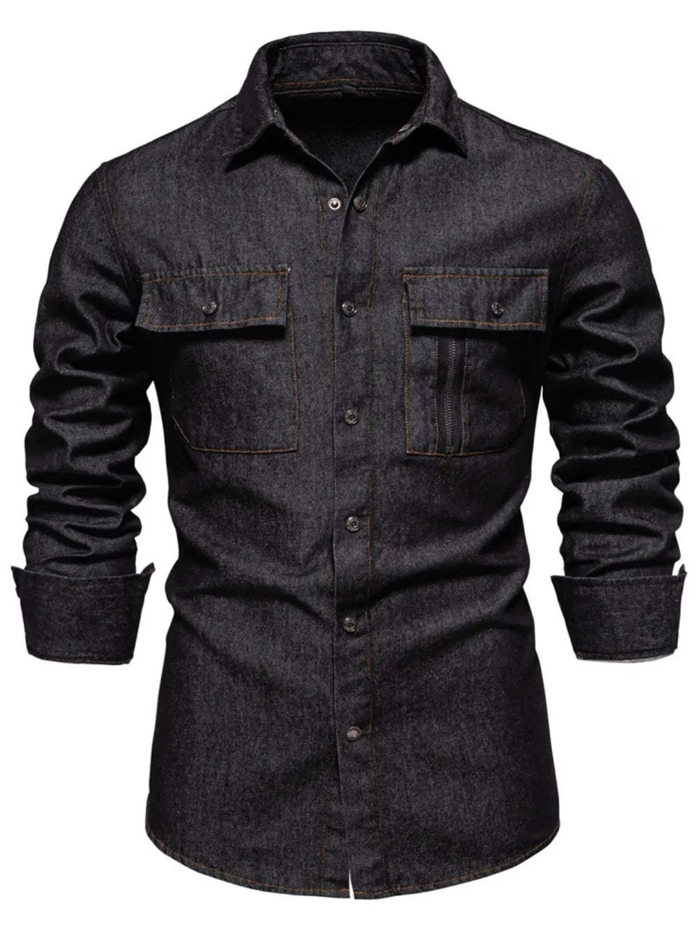 Black denim utility shirt with buttoned chest pockets and a zip pocket detail.