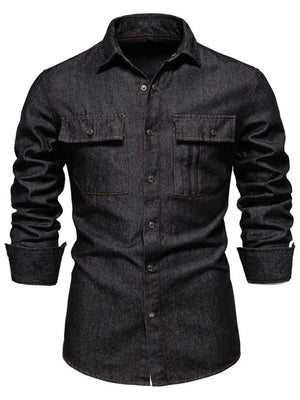 Black denim utility shirt with buttoned chest pockets and a zip pocket detail.