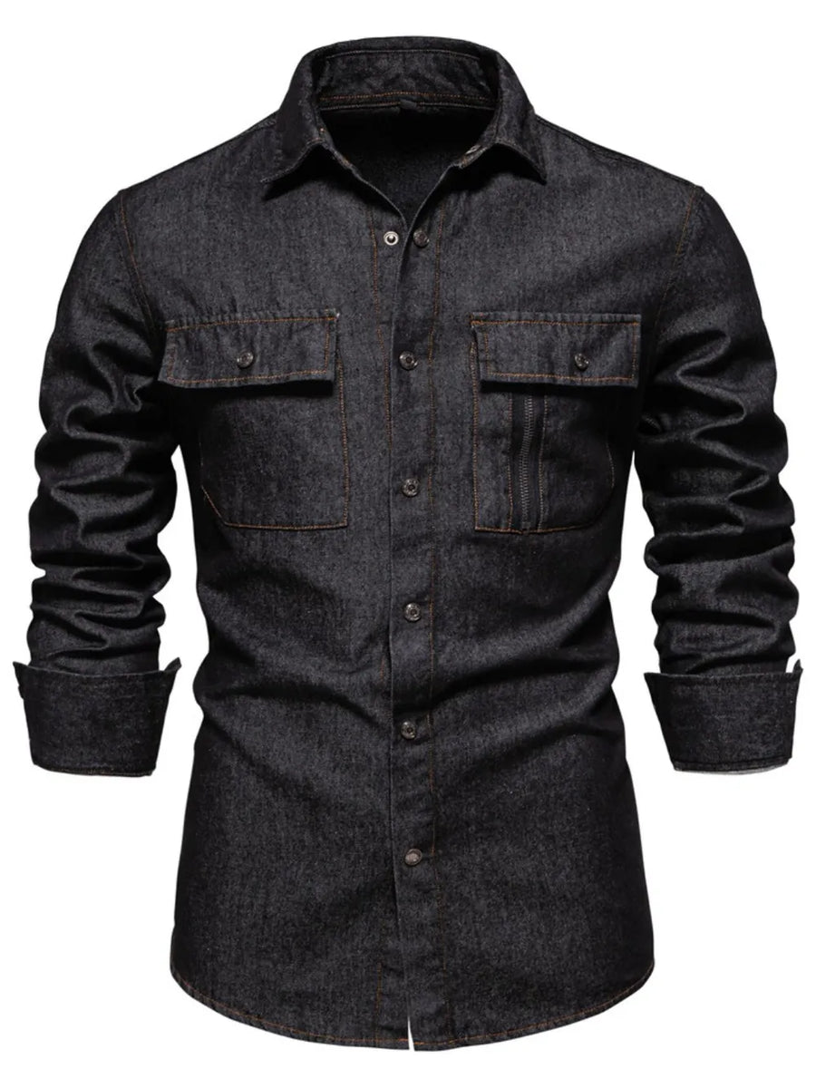 Black denim utility shirt with buttoned chest pockets and a zip pocket detail.