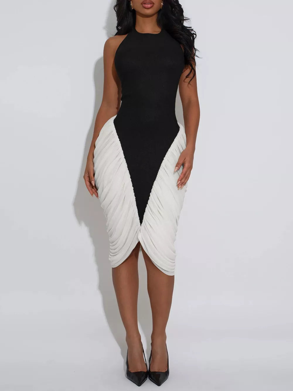 black midi dress with color-block and halter