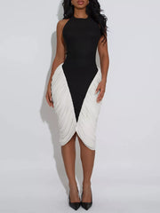 black midi dress with color-block and halter