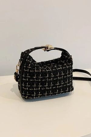 Black tweed box bag with gold clasp and detachable strap