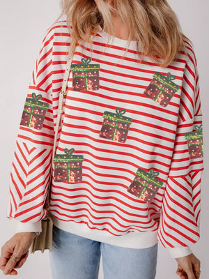 Red and white striped sweatshirt with sequin gift box print
