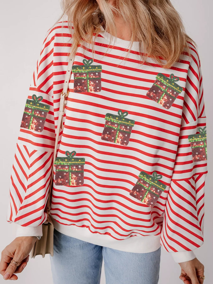 Red and white striped sweatshirt with sequin gift box print