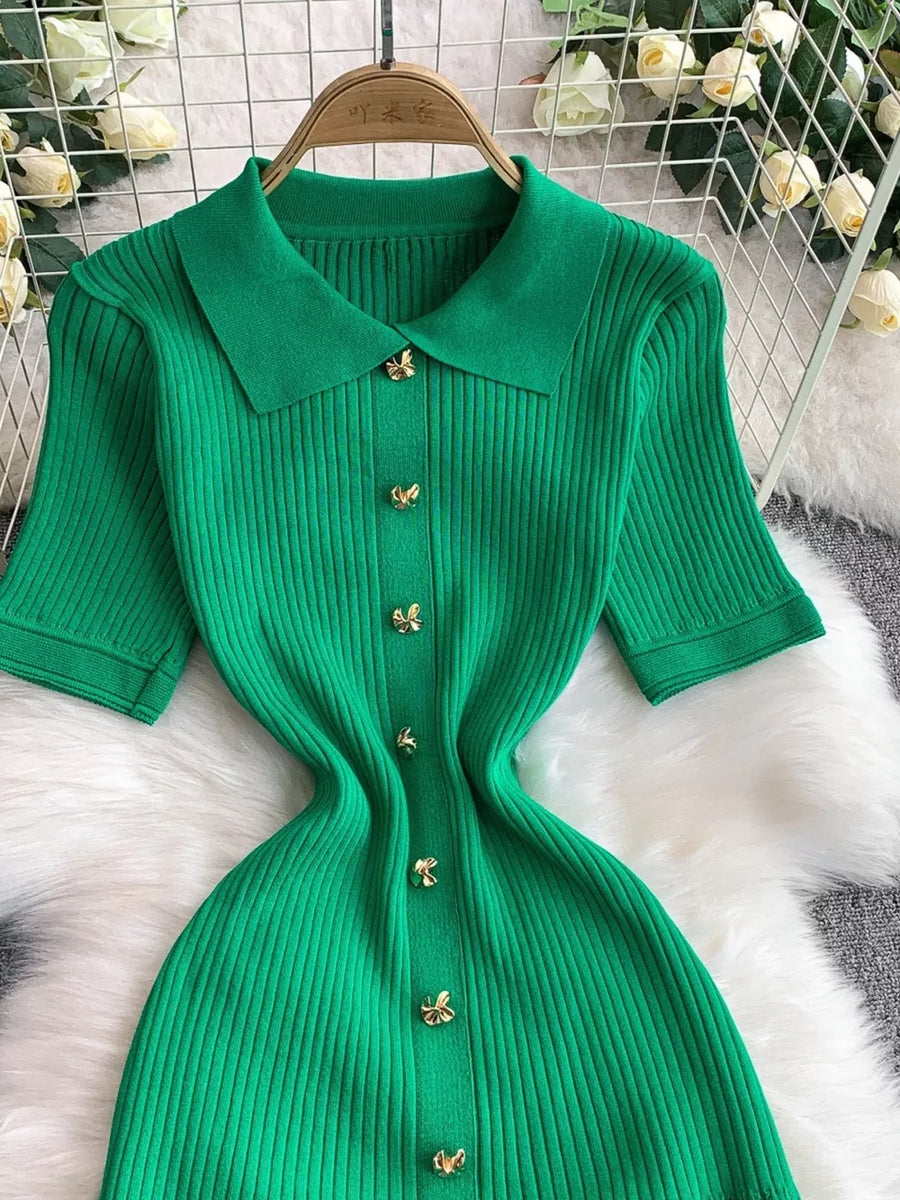 Green ribbed knit midi dress with collar and gold button detail