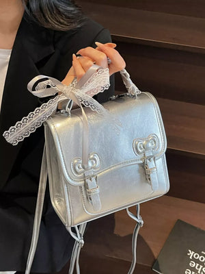 Pu Leather Small Backpack Bag in Silver with buckle straps