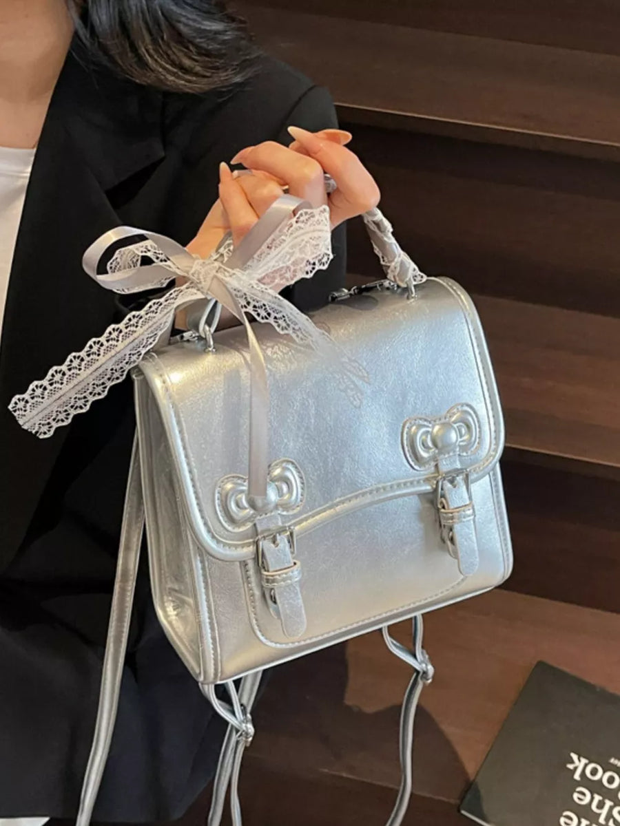 Pu Leather Small Backpack Bag in Silver with buckle straps