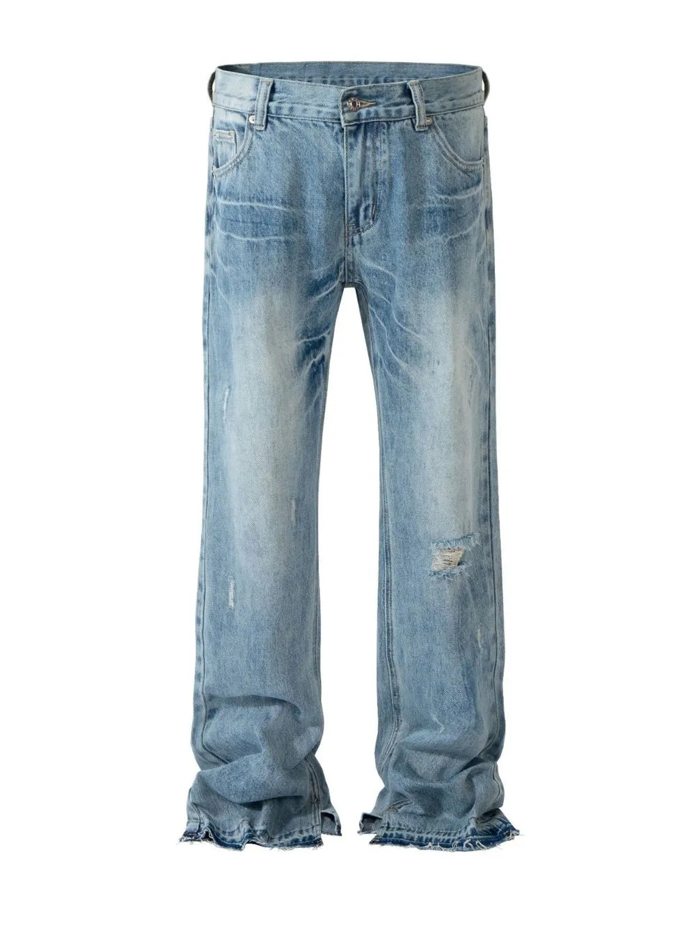 Medium wash denim jeans with distressed details and split hems.