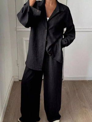 Button-down Long-sleeve Pants in Pink with collared