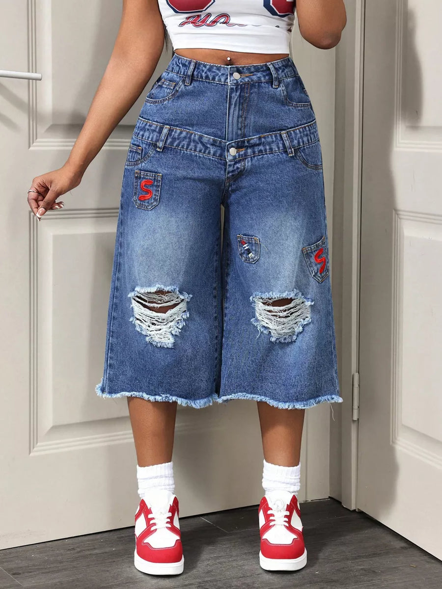 Distressed Wide-leg Denim Capris option 4